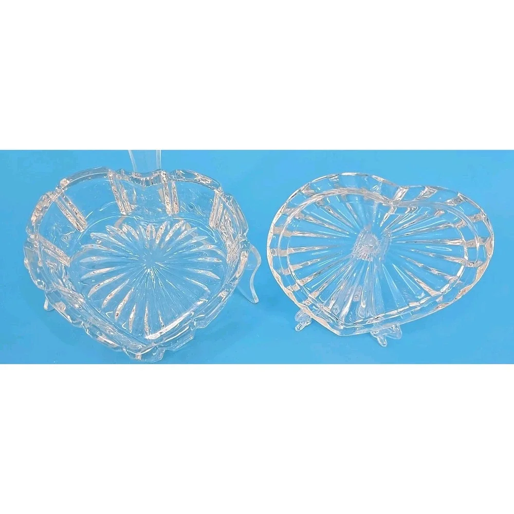 Vintage Heart Shaped Crystal Trinket Jewelry Box W/ Lid- Some‎ Small Chips